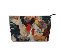 Rooster and Chicken Print Printed Corduroy Makeup Bag for Women Cute Make up Bag Travel Cosmetic Bag with Wristlet