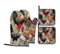 Rooster and Chicken Print Printed Oven Gloves Potholders Set 4 PCS Heat-Resistant Oven Mitts & Hot Pads for Cooking Baking Grilling BBQ Gift
