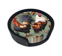 Rooster and Chicken Printed Round Leather Coasters (Set of 6) Feature Rich Colors, Unique Patterns and are Easy to use.