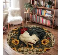 Rooster Area Rug, Farmhouse Rustic Sunflower Flowers Fall Red Low Pile Doormat Home Accents Rug Fade Resistant Laundry Room Bathroom Doorway Entryway Decor 4' X 4'