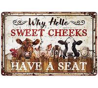 Rooster Art Prints Farming Why Hello Sweet Cheeks, Have A Seat, Chicken, Cow, Pig, Goat, Dairy Cow, Sheep Tin Sign Decorations Vintage Chic Metal Poster Wall Decor Art Gift for Party Garden Outdoor