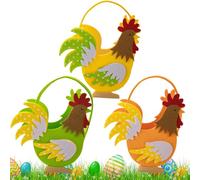 Rooster Basket Set - 3 Pack Felt Chicken Dead Handle Egg Hunt Sweets Fashionable Design Ample Capacity Cute Easter Bucket for Children Girls Party Accessories