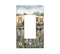 Rooster Bathroom Single Rocker Light Switch Cover, Rustic Farmhouse Cat Fence Summer Green Plastic Standard Size Decorative Wall Plates for Bedroom Office Kitchen Entrance Decor