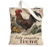 Rooster Canvas Tote Bag for Women, Country Rustic Flowers Leaves Fall Brown Washable Reusable Shopping Bags Ideas for Family Friends Colleagues Reading Loves 13x15 Inch