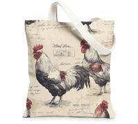 Rooster Canvas Tote Bag for Women, Farmhouse Rustic Vintage Script Fall Beige Washable Reusable Grocery Bag Ideas for Family Friends Colleagues Reading Loves 13x15 Inch
