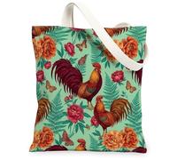 Rooster Canvas Tote Bag for Women, Floral Vintage Butterfly Peony Spring Green Washable Reusable Grocery Bags Ideas for Tra, Green, 13x15 Inch
