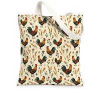 Rooster Canvas Tote Bag for Women, Rustic Vintage Wheat Flower Fall Earthy Washable Reusable Market Tote Ideas for Family F, Earthy, 13x15 Inch