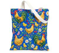 Rooster Canvas Tote Bag for Women, Spring Colorful Chick Butterfly Spring Blue Washable Reusable Aesthetic Tote Bag Ideas F, Blue, 13x15 Inch