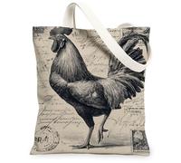 Rooster Canvas Tote Bag for Women, Vintage Rustic Postage Stamp Script Fall Black Washable Reusable Grocery Bag Ideas for Shopping Trips Office Library Casual 13x15 Inch