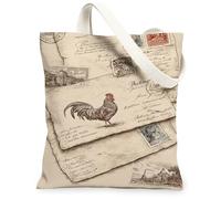 Rooster Canvas Tote Bag for Women, Vintage Rustic Postcard Stamp None Beige Washable Reusable Everyday Tote Bag Ideas for Outdoor Travel Workday Reading 13x15 Inch