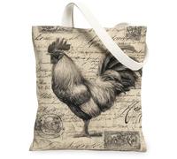 Rooster Canvas Tote Bag for Women, Vintage Rustic Script Postage Fall Beige Washable Reusable Small Tote Bag for Shopping Brunch Park Library Day Trips 13x15 Inch