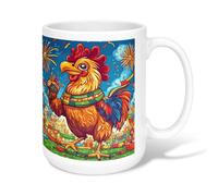 Rooster Ceramic Coffee Mug, Festive Colorful Fireworks Air-Float Balls Celebration Blue Novelty Hot Chocolate Mug with Handle Ideal for Friends Family Lovers Eldership Senior Co-Worker 15 Oz