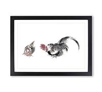Rooster & Chicken by Katsushika Hokusai Framed Print | A2 Black Framed Wall Art | Ready to Hang | Asian Animal Picture | Living Room Bedroom Lounge Office