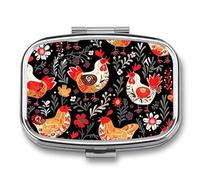 Rooster Chickens Pill Box 2 Compartment Portable Travel Pill Case with Mirror Square Metal Medicines Storage Container Pocket Medicine Box to Hold Vitamins Fish Oil