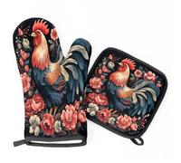 Rooster Cock Chicken Flowers Oven Mitts & Pot Holders BBQ Gloves, Heat Resistant Kitchen Oven Gloves Hot Pads for Cooking Baking Grilling
