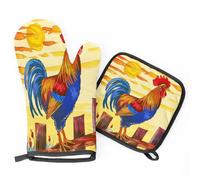 Rooster Crowing Wooden Fence Oven Mitts & Pot Holders BBQ Gloves, Heat Resistant Kitchen Oven Gloves Hot Pads for Cooking Baking Grilling