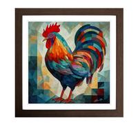 Rooster Cubism No.1 Framed Print | 18x18 Inch Walnut Framed Wall Art | Ready to Hang | Cubist Animal Picture | Living Room Bedroom Lounge Office