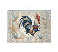 Rooster Dish Drying Mats for Kitchen Counter, Blue Floral Absorbent Dish Drainer Rack Mat, Spring Vintage Microfiber Drying Pad for Coffee Bar 18x24 Inch