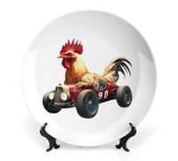 Rooster Drive A Racing Car Bone China Decorative Plate Chinese Style Ceramic Dish with Stand Memorial Gifts for Home Office