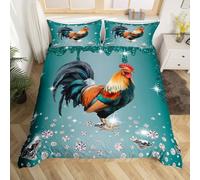 Rooster Duvet Cover Set Turquoise Sequin Fluid Art Comforter Cover,Crystal Diamond King Bedding Sets,Farm Animals Bed Set Farmhouse Chicken Cock Western Decor