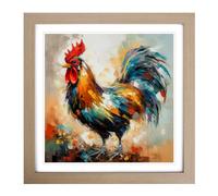 Rooster Expressionism No.1 Framed Print | 18x18 Inch Oak Framed Wall Art | Ready to Hang | Eclectic Animal Picture | Living Room Bedroom Lounge Office