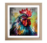 Rooster Expressionism No.2 Framed Print | 18x18 Inch Oak Framed Wall Art | Ready to Hang | Eclectic Animal Picture | Living Room Bedroom Lounge Office