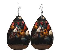 Rooster Family Portfolio Printed leather earrings with teardrop-shaped dangling design, light and soft.