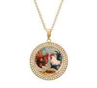 Rooster Fighting Round Pendant Necklace Diamond Edging Brilliant Personalized Jewelry Gifts for Women Golden-style