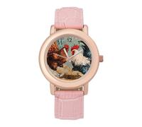 Rooster Fighting Womens Leather Strap Elegant Lady Wrist Watches Casual Band Three-Hand Watch