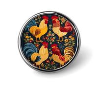 Rooster Floral Patchwork Christmas Rooster Holiday Round Aluminum Alloy Pin Badge, Decorative Brooch for Jackets, Backpacks, Hats, Shirts, Stylish Metal Lapel Pin Accessory for Men Women 1in