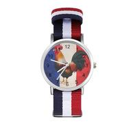 Rooster French Flag Woven Strap Watch Multicolor Wristwatch Easy Reader Analog Watches for Men Women Birthday Gift