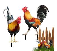 Rooster Garden Stakes Set of 2 Iron Metal 25 x 10.8 cm & 21.2 x 16.7 cm, Realistic Farmyard Chicken Yard Decor, Outdoor Garden Art Stakes, Patio Lawn Ornament for Home Landscaping