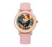 Rooster Hens Chicken Women's Wrist Watches Leather Strap Watch Ladies Three-Hand Round Case Watches
