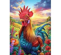 Rooster in A Flower Garden at Sunset 300 Pieces Premium Jigsaw Puzzle Scenery Science Fiction Adult Jigsaws Educational Challenge Mental Exercise Wall Art Winter Durable Cardboard 300 PC