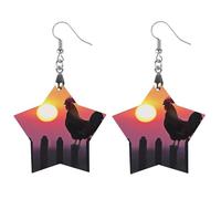 Rooster in Morning Printed Wooden Earrings for Women Trendy Lightweight Charms Pendant Jewelry Star