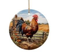 Rooster On Wood In Farmland Print Ceramic Round Pendant For Travel Ornaments For Home Decor Christmas Ornament