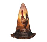 Rooster On Wood in Farmland Print Halloween Hooded Cloak Masquerade Cosplay Costume Unisex Witch Robe Cloak with Hood Cape, Black, Large