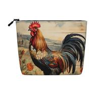 Rooster on Wood in Farmland Print Makeup Bag Cute Cosmetic Bag for Women Makeup Pouch Travel Toiletry Bag for Lady
