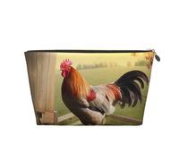 Rooster on Wood in Farmland Prints PVC Leather Travel Toiletry Bag with Gold Zippers, Waterproof Cosmetic Organiser for Makeup, Toiletries & Essentials