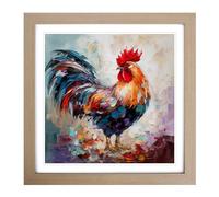 Rooster Palette Knife Painting No.2 Framed Print | 18x18 Inch Oak Framed Wall Art | Ready to Hang | Modern Animal Picture | Living Room Bedroom Lounge Office