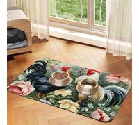 Rooster Pet Feeding Mat Absorbent Pu Leather Dog Cat Food Mats Contain Spills Protects Floors, Anti-Slip Rubber Backing Dog Bowl Mats Easy Clean Pet Placemats 30x45cm