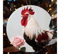 Rooster Red White Pink Rose Christmas Tree Ornaments - Round Xmas Hanging Ceramic Pendants, Winter Holiday Hanging Ornament with String, Xmas Gift Keepsake for Women & Men 2.8inch