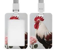 Rooster Red White Pink Rose Id Badge Holder Retractable Badge Holders Heavy Duty Plastic Id Card Holder with Lanyard Waterproof Name Tag Sleeve for Nurses, Teachers, Office Professionals