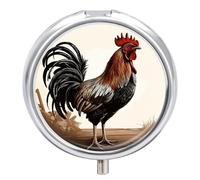 Rooster Round Pill Box 3 Compartment Medicine Pill Organizer with Mirror Travel Small Pill Case Cute Vitamin Organizer Portable Daily Pill Container for Pocket Purse