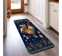 Rooster Runner Rug, Christmas Festive Christmas Ornaments Flowers Navy Blue Non-Slip Home Floor Rectangle Print Carpet for Kitchen Entryway Bedside Doorway Hallway Decor 2x5 Ft