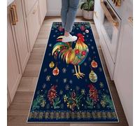 Rooster Runner Rug, Christmas Festive Ornaments Flowers Christmas Navy Low Pile Soft Rectangle Carpet Stain Resistant for Kitchen Hallway Laundry Room Entryway Decor 2x6 Ft