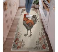 Rooster Runner Rug, Farmhouse Rustic Flowers Feathers Fall Red Non-Slip Home Floor Rectangle Print Carpet for Kitchen Hallway Laundry Room Entryway Decor 2x6 Ft