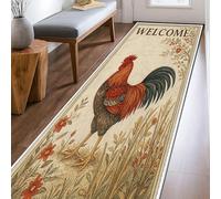 Rooster Runner Rug, Rustic Traditional Flowers Leaves Fall Red Low Pile Edge Binding Home Rectangle Carpet for Kitchen Entryway Bathroom Doorway Decor 2x8 Ft