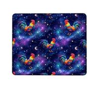 Rooster Small Mouse Pad, Cosmic Vibrant Stars Moon Multicolor Square Rubber Non Slip Stitched Edge Cloth Mousepad Decor for Home Office Work Gaming Desk Square 8x10 Inch