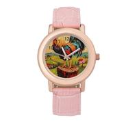 Rooster Standing on A Tree Stump Women's Leather Strap Band Watch Pink Ladies Three-Hand Wrist Watches